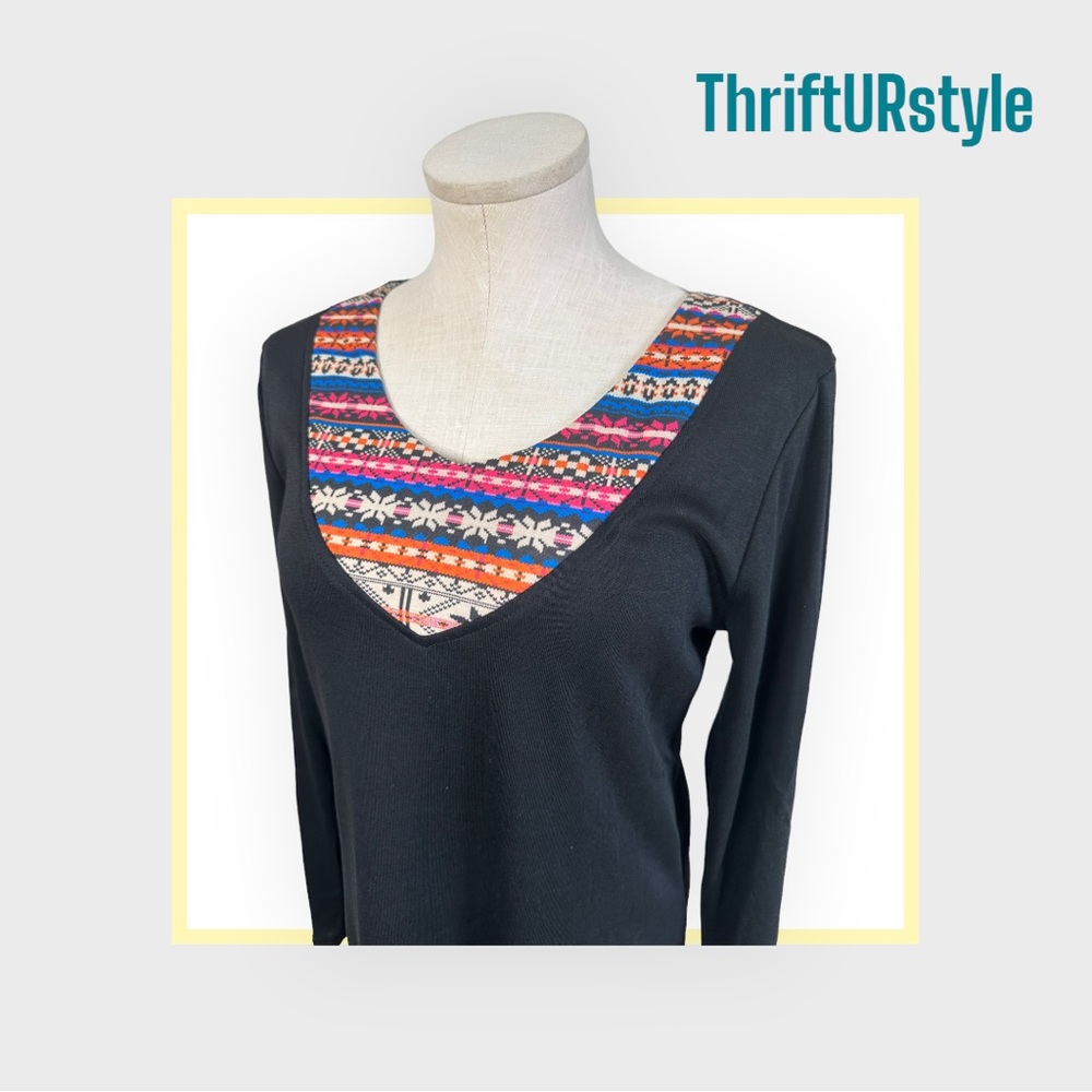 Womens Black Southwestern Geometric‎ Trim Long Sleeve Tunic Ruffle Hem Top Dress - Picture 4 of 5